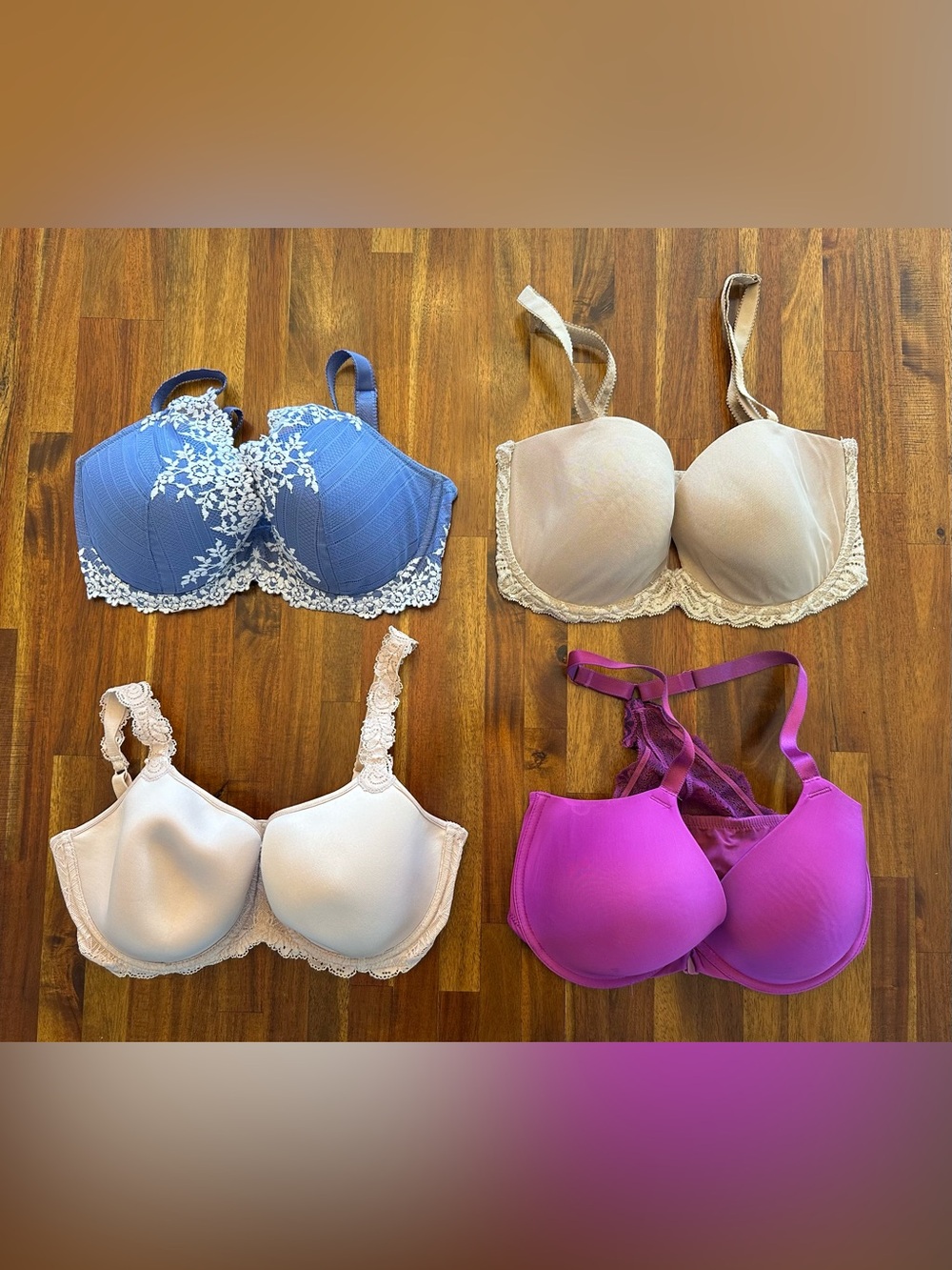 Lot of 4 34DDD Bras Wacoal & Natori EUC Strapless, Front Close, Standard Nude